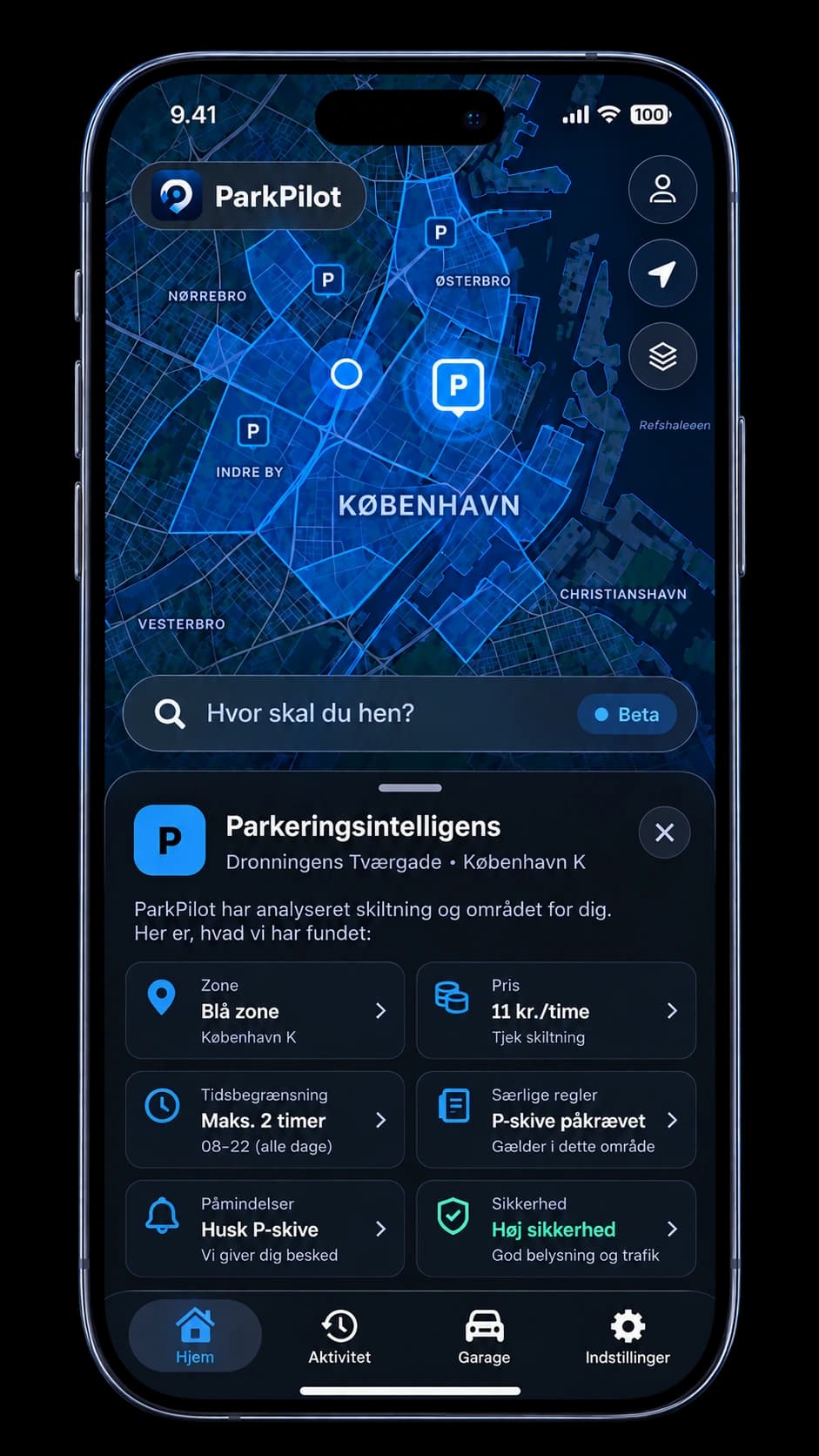 Illustrativ ParkPilot-konceptvisning af statisk parkeringsinformation for et område.