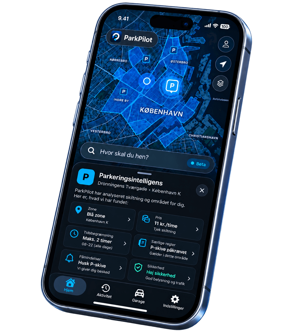 ParkPilot på iPhone med parkeringszoner i København og Parking Intelligence